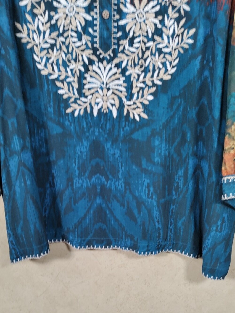 H183 John Mark Teal & Rust Floral Embroidered Tunic - Picture 5 of 11